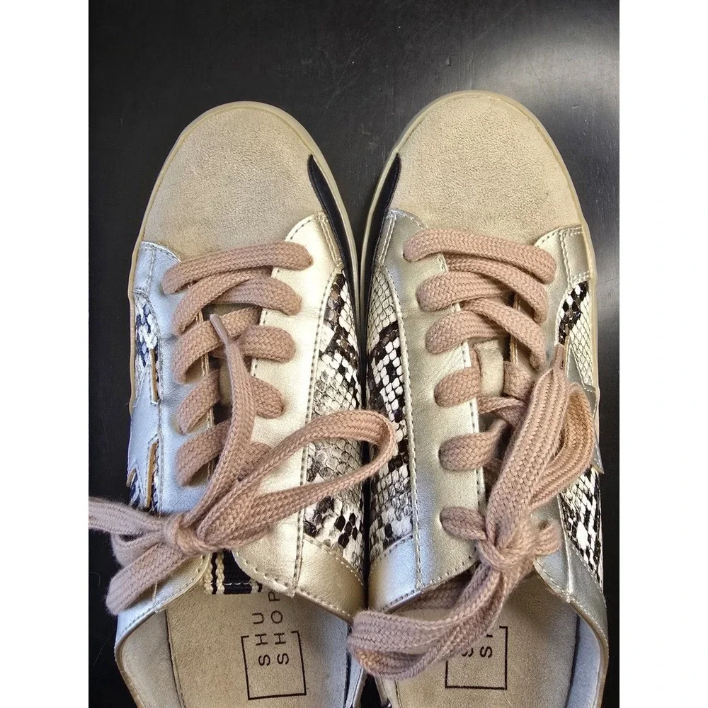 SHU SHOP PHILIPPA Snakeskin Lace‎ Up Sneakers Beige Gold Black White Size 7